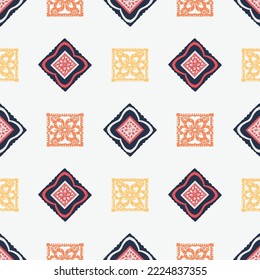 Hand drawn retro block print seamless pattern. Vector 80s vintage wallpaper design for geometric background. Carved bohemian ornamental design. 