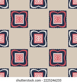 Hand drawn retro block print seamless pattern. Vector 80s vintage wallpaper design for geometric background. Carved bohemian ornamental design. 