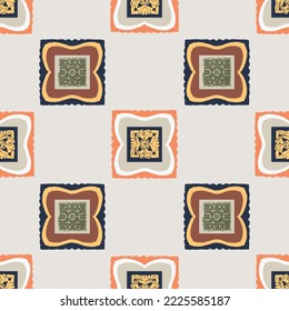 Hand drawn retro block print seamless pattern. Vector 80s vintage wallpaper design for geometric background. Carved bohemian ornamental design. 