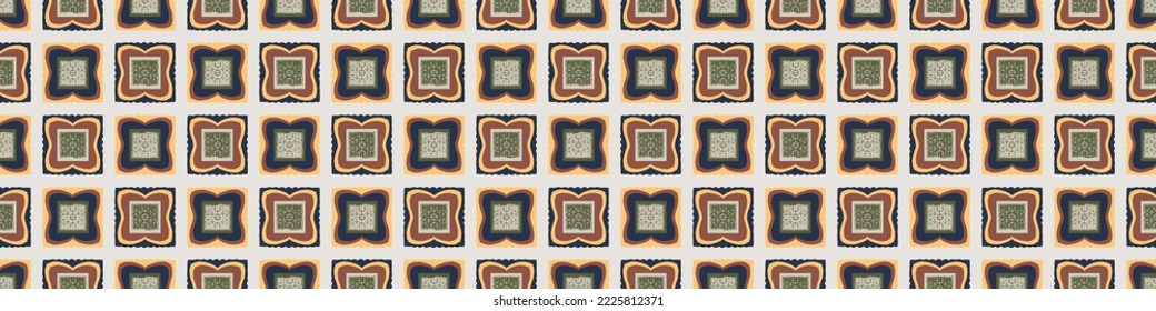 Hand drawn retro block print seamless border. Vector vintage design for geometric repeat banner. Carved bohemian ornamental design trim. 