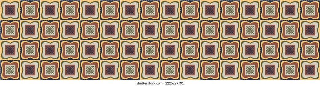 Hand drawn retro block print seamless border. Vector vintage design for geometric repeat banner. Carved bohemian ornamental design trim. 