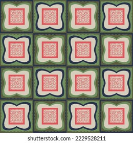 Hand drawn retro block print seamless pattern. Vector 80s vintage wallpaper design for geometric background. Carved bohemian ornamental design. 