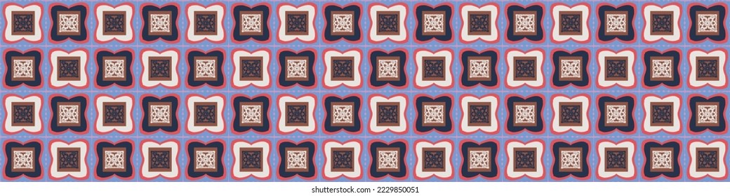 Handgezeichneter Retro-Block-Druck nahtlose Grenze. Vectorvintage-Design für geometrisches Wiederholbanner. Böhmischer Zierstil mit geschnitzten Schnitten. 