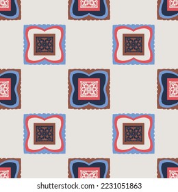 Hand drawn retro block print seamless pattern. Vector 80s vintage wallpaper design for geometric background. Carved bohemian ornamental design. 
