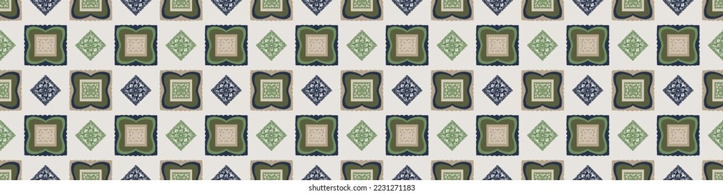 Hand drawn retro block print seamless border. Vector vintage design for geometric repeat banner. Carved bohemian ornamental design trim. 