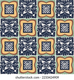 Hand drawn retro block print seamless pattern. Vector 80s vintage wallpaper design for geometric background. Carved bohemian ornamental design. 
