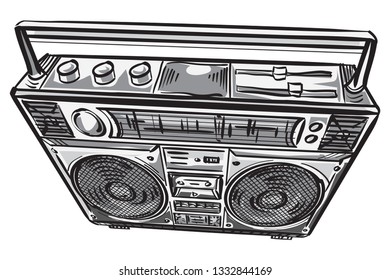 Hand drawn retro boombox tape recorder