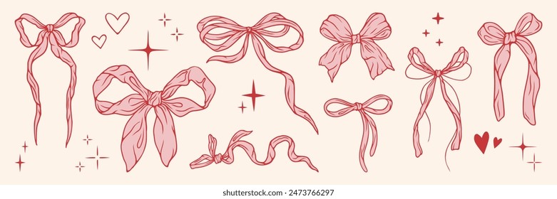 Hand drawn retro bow knots. Retro pink ribbon element, star and heart shape for celebration, holiday, party. Vector illustration set. No AI.