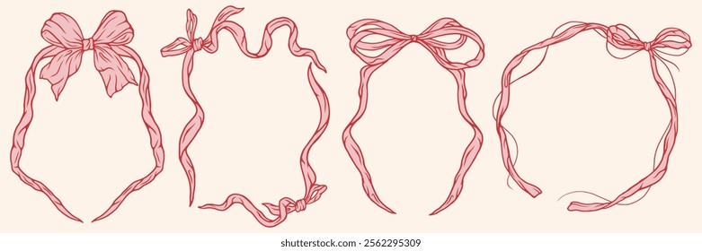 Hand drawn retro bow knots coquette frame. Retro pink ribbon border set  for celebration, holiday, party. Vector illustration.