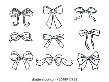 Hand drawn retro bows collection. Whimsical illustration. Cute ribbon bow collection vector