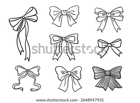 Hand drawn retro bows collection. Whimsical illustration. Cute ribbon bow collection vector