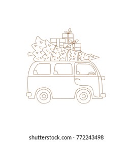 Hand drawn retro bus with Christmas tree and baggage, holiday gifts. Vector illustration of cartoon vintage van with Xmas boxes. Winter background decoration design. Merry Christmas and Happy New Yea