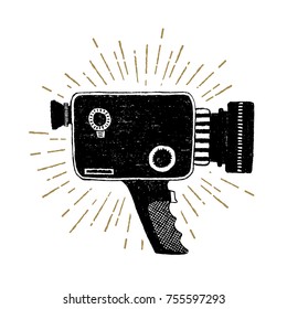 Hand Drawn Retro Camcorder Textured Vector Illustration.