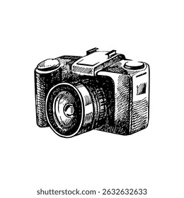 Hand drawn retro camera. Vintage sketch vector illustration