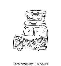 Hand drawn retro car decorated