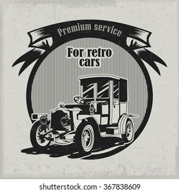 Hand drawn retro car with frame, dusty background