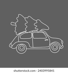 Hand drawn retro car with pine Christmas tree