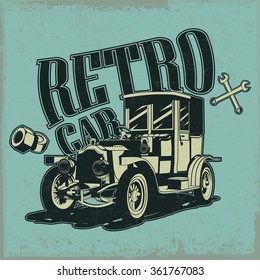 Hand drawn retro car with wrench and nut, dusty background, t-shirt design