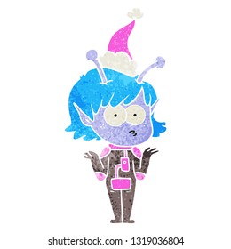 hand drawn retro cartoon of a alien girl wearing santa hat