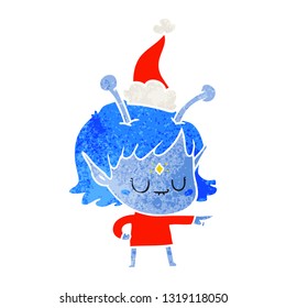 hand drawn retro cartoon of a alien girl wearing santa hat