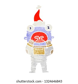 hand drawn retro cartoon of a alien gasping in surprise wearing santa hat
