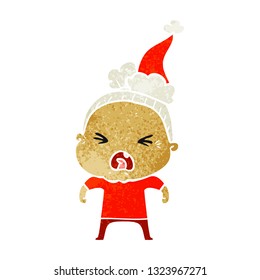hand drawn retro cartoon of a angry old woman wearing santa hat