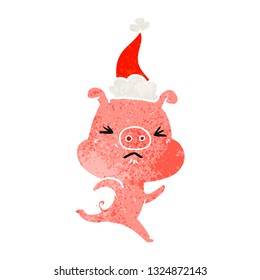 hand drawn retro cartoon of a annoyed pig running wearing santa hat