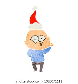 hand drawn retro cartoon of a bald man staring wearing santa hat