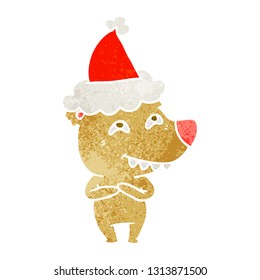hand drawn retro cartoon of a bear showing teeth wearing santa hat