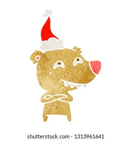 dibujo a mano retro de un oso que muestra dientes con sombrero santa