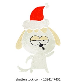 hand drawn retro cartoon of a bored dog wearing santa hat