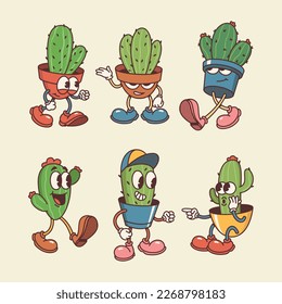 Hand drawn retro cartoon cactus collection