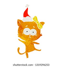 hand drawn retro cartoon of a cat wearing santa hat