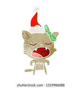 dibujo a mano retro de un gato maullando con sombrero santa