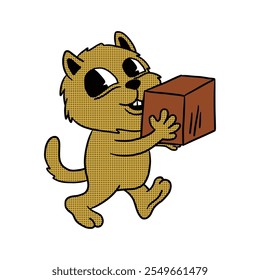 Dibujado a mano personaje de gato de dibujos animados retro que lleva una ilustración de caja