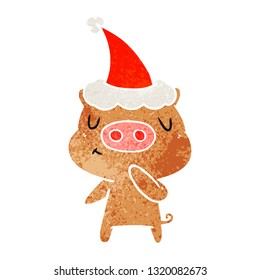 hand drawn retro cartoon of a content pig wearing santa hat