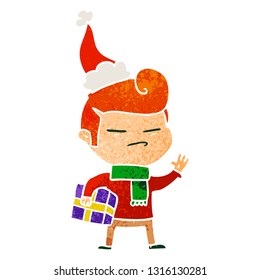 hand drawn retro cartoon of a cool guy with fashion hair cut wearing santa hat