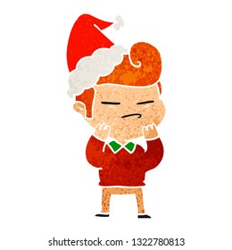 hand drawn retro cartoon of a cool guy with fashion hair cut wearing santa hat
