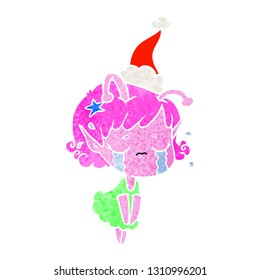 dibujo a mano retro de una chica alienígena que llora usando sombrero santa