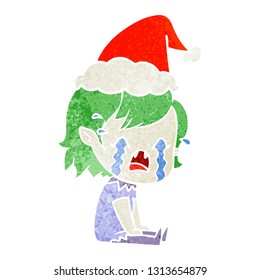 desenho animado retrô desenhado à mão de uma vampira chorando usando chapéu de Papai Noel