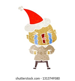 hand drawn retro cartoon of a crying bald man wearing santa hat