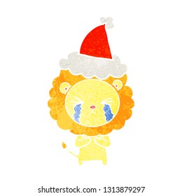 hand drawn retro cartoon of a crying lion wearing santa hat