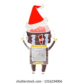 handgezeichneter Retro-Cartoon eines weinenden Roboters mit Santa-Hut