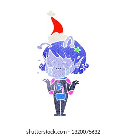 hand drawn retro cartoon of a crying alien girl wearing santa hat