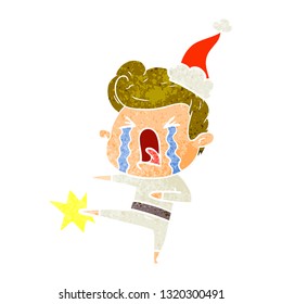 hand drawn retro cartoon of a crying man wearing santa hat