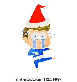 hand drawn retro cartoon of a crying dancer wearing santa hat