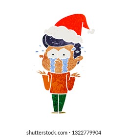 handgezeichneter Retro-Cartoon eines weinenden Mannes mit Santa-Hut