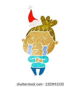 hand drawn retro cartoon of a crying woman wearing santa hat