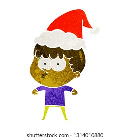 hand drawn retro cartoon of a curious boy wearing santa hat