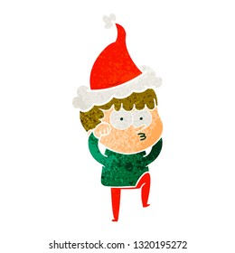 hand drawn retro cartoon of a curious boy rubbing eyes in disbelief wearing santa hat